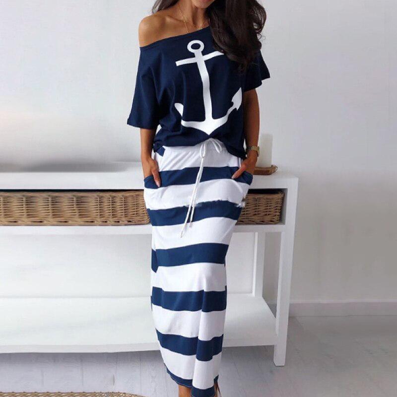 Spot Amazon Bay Navy Wind Casual Anchor Print Short Sleeve T-shirt  Skirt Set