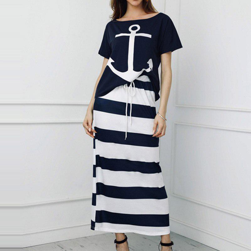 Spot Amazon Bay Navy Wind Casual Anchor Print Short Sleeve T-shirt  Skirt Set