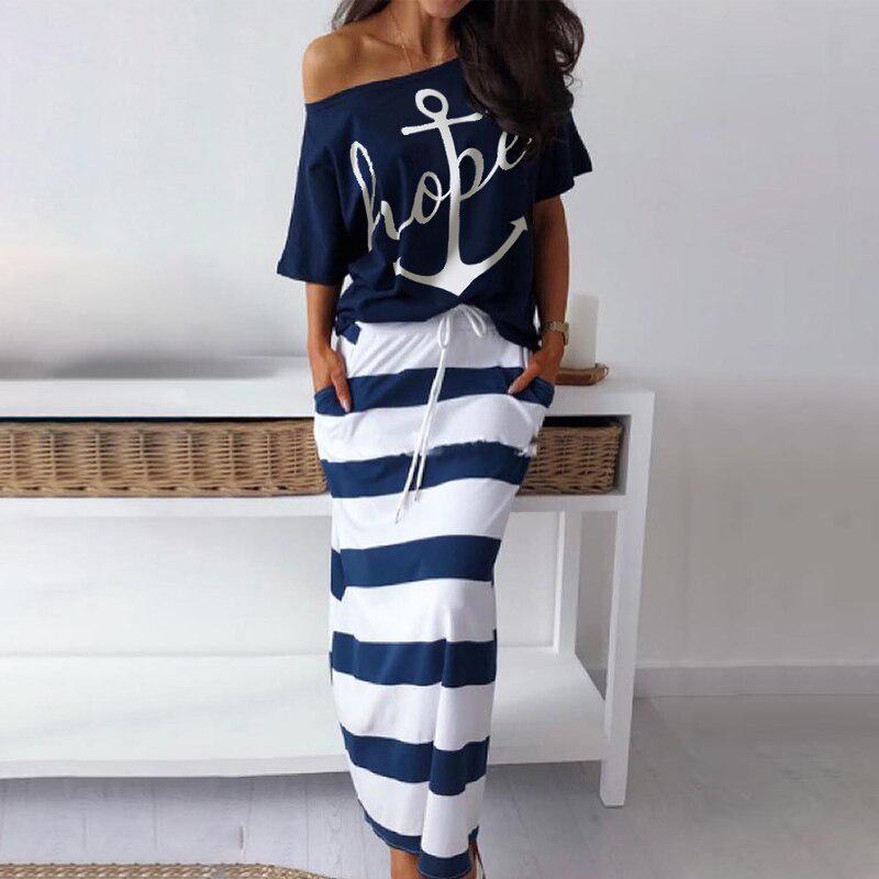 Spot Amazon Bay Navy Wind Casual Anchor Print Short Sleeve T-shirt  Skirt Set