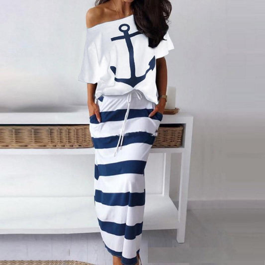 Spot Amazon Bay Navy Wind Casual Anchor Print Short Sleeve T-shirt  Skirt Set