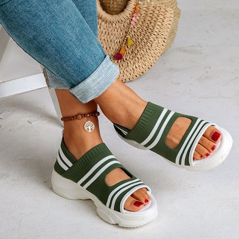 Flying Woven Sandals Women's New Summer Flat-Bottomed Style Comfortable Elastic Thick-Soled Sports Fish Mouth Shoes Large Size Factory