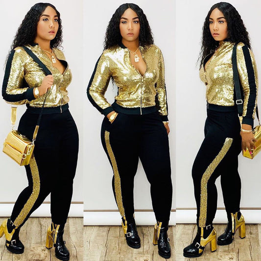 Women's New Fashion Sexy Sequined Casual Two Piece Suit