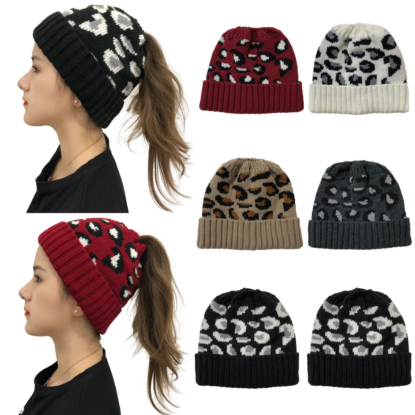 Leopard Jacquard Ponytail Knitted Woolen Hat