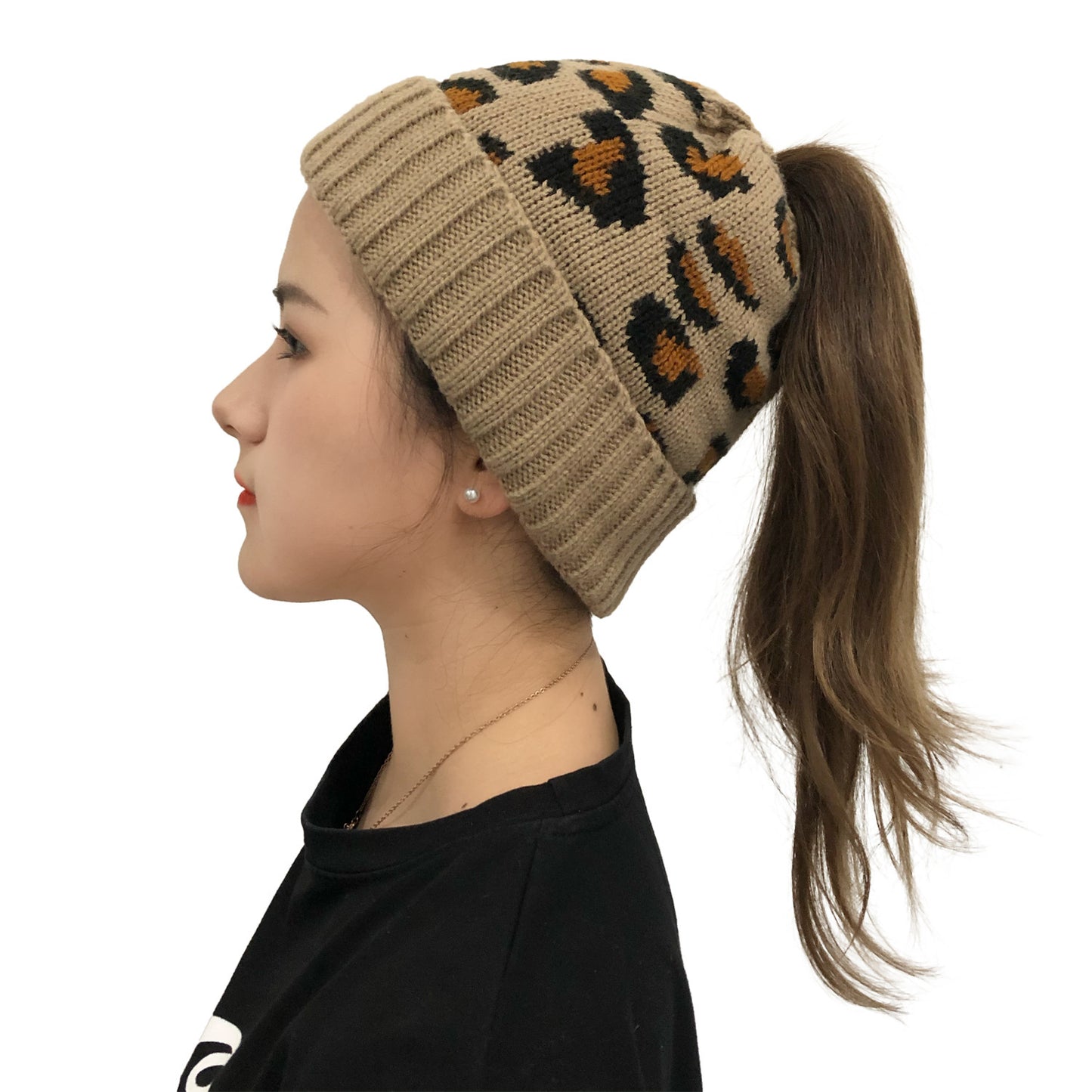 Leopard Jacquard Ponytail Knitted Woolen Hat