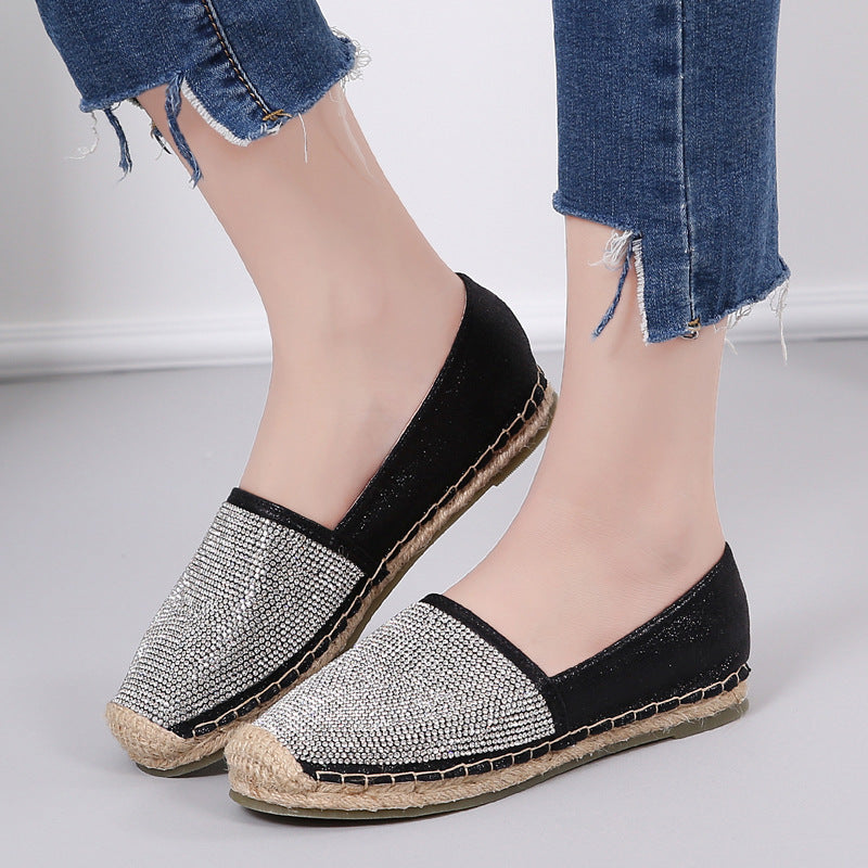 New Korean Style Women's Shoes With Rhinestones, Straw Woven Rope Fisherman Shoes, Women's Lazy Shoes