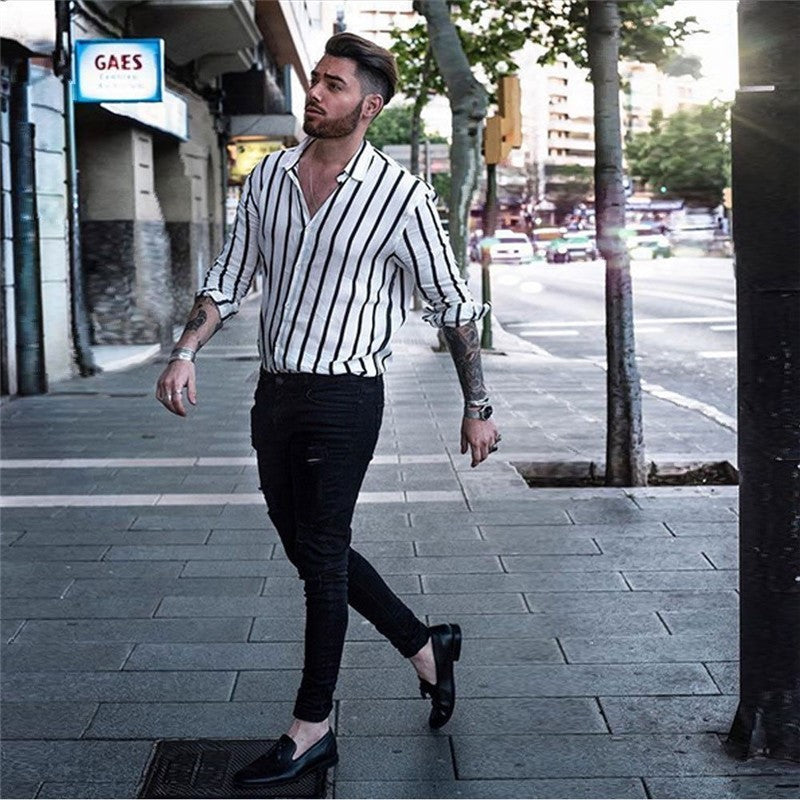 Men Slim Fit Muscle Casual Trendy Vertical Striped Shirt