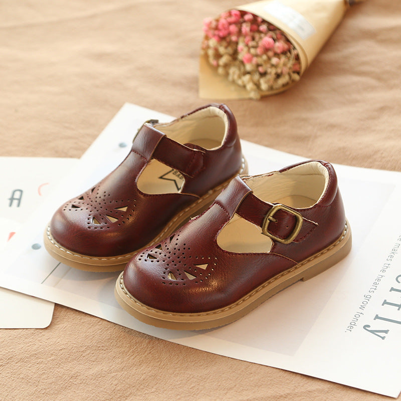 British Style Children's Retro Leather Shoes Hollow And Breathable Girls Single Shoes