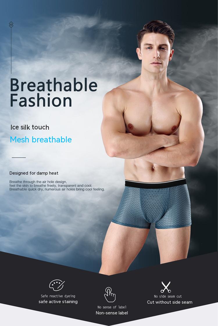 Ice Silk Full Mesh Large Size Men's Underwear Cotton Crotch Mid-waist Boxers