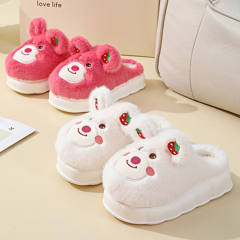 High Heel Cotton Slippers Women's Thick Bottom Cartoon Cute Bear Girl Heart Home Fluffy Slippers Winter Warm