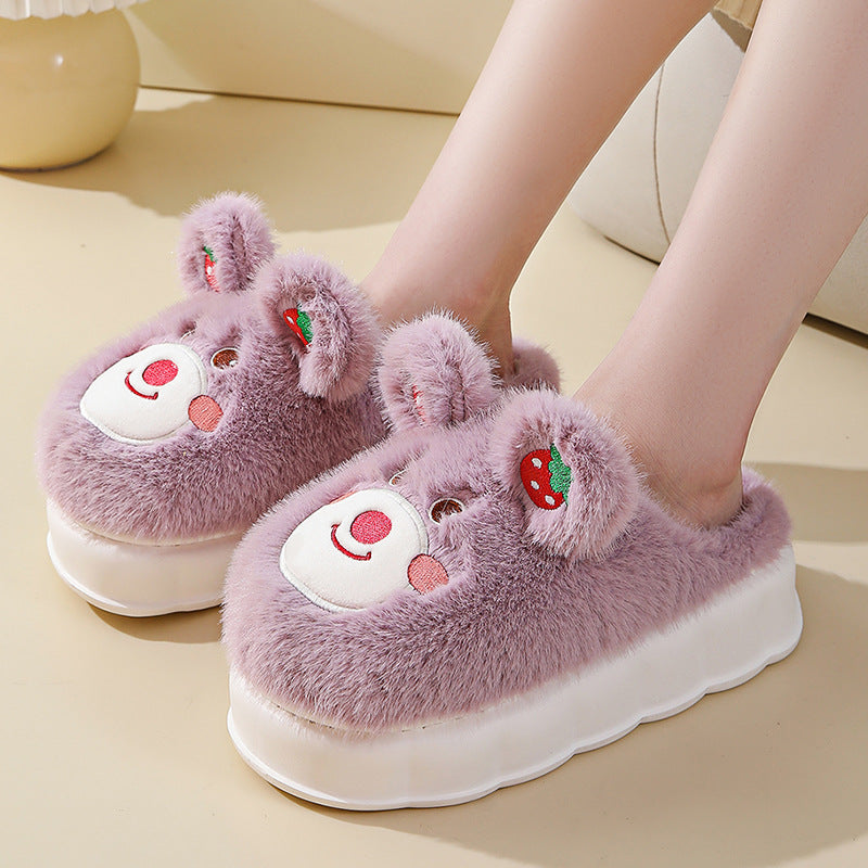 High Heel Cotton Slippers Women's Thick Bottom Cartoon Cute Bear Girl Heart Home Fluffy Slippers Winter Warm