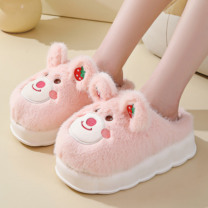 High Heel Cotton Slippers Women's Thick Bottom Cartoon Cute Bear Girl Heart Home Fluffy Slippers Winter Warm