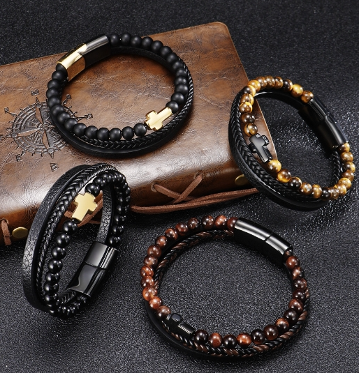 Pulsera cruzada de acero inoxidable multicapa para hombre