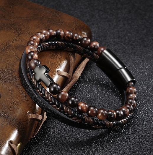 Pulsera cruzada de acero inoxidable multicapa para hombre