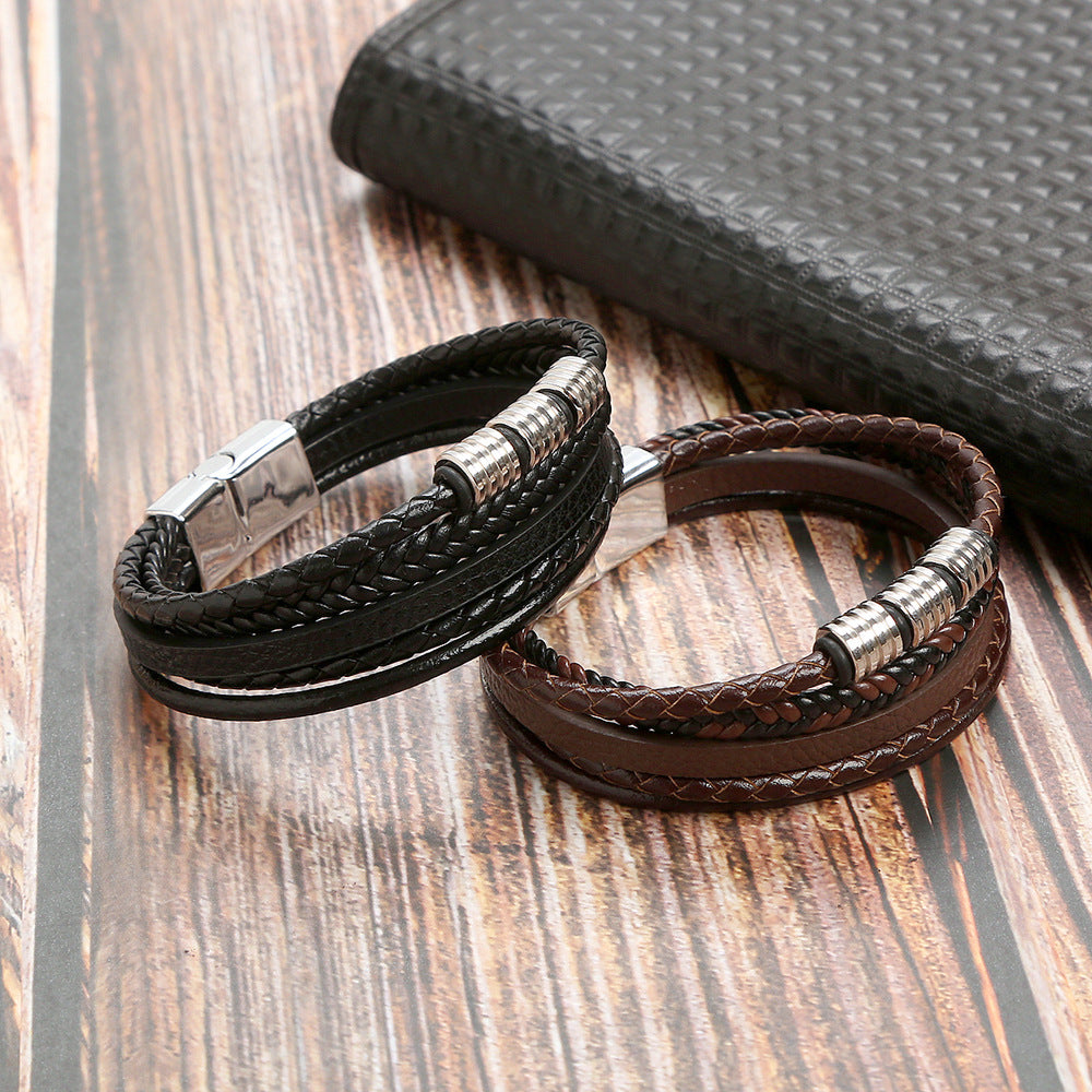 Stainless Steel Men's Leather Magnetic Buckle Woven Bracelet