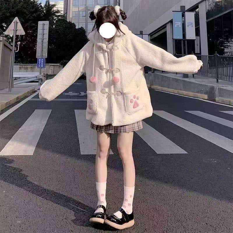 Autumn And Winter Cute Hooded Bear Ears Fleece Shirt Sweater Furry Baggy Coat Student Top