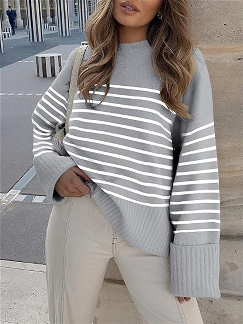 Women's Round-neck Long Sleeve Oversized Plush Knitted Thick Thermal Head Cover Striped Sweater