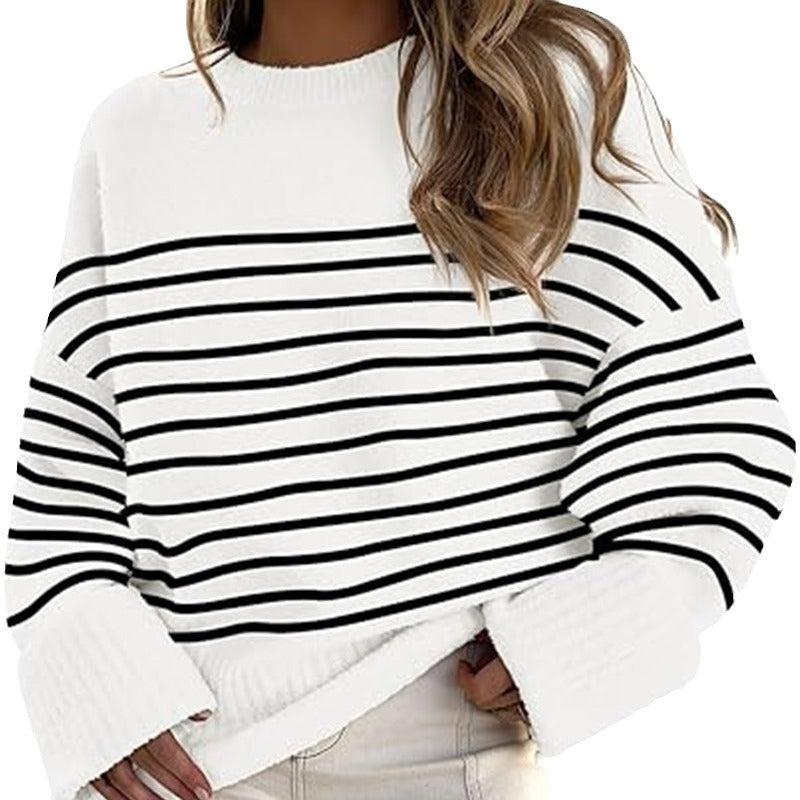 Women's Round-neck Long Sleeve Oversized Plush Knitted Thick Thermal Head Cover Striped Sweater