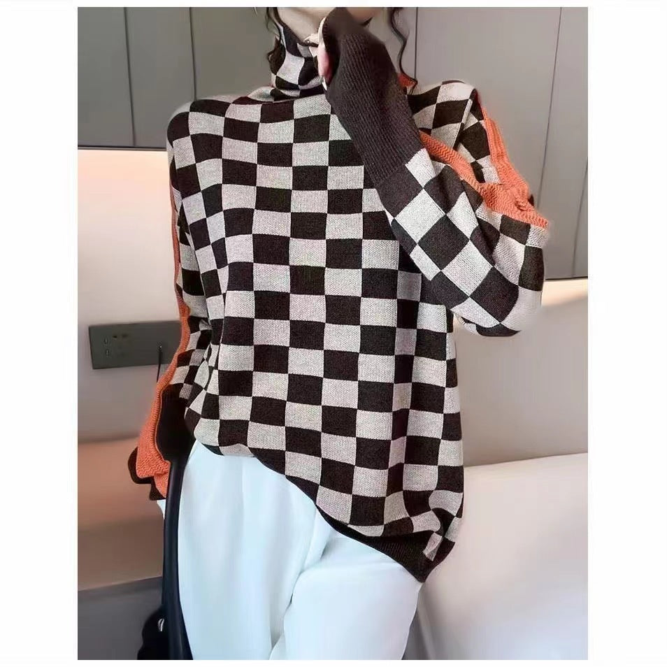 Loose Pile Collar Bottoming Shirt Women's Houndstooth Turtleneck Sweater