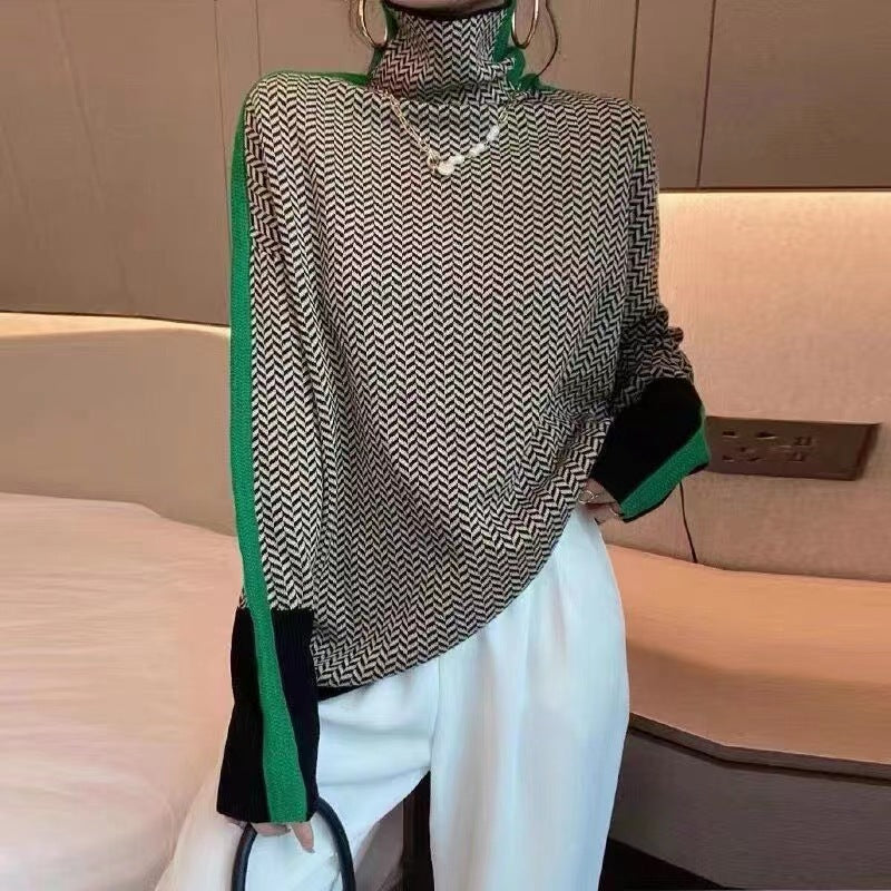 Loose Pile Collar Bottoming Shirt Women's Houndstooth Turtleneck Sweater