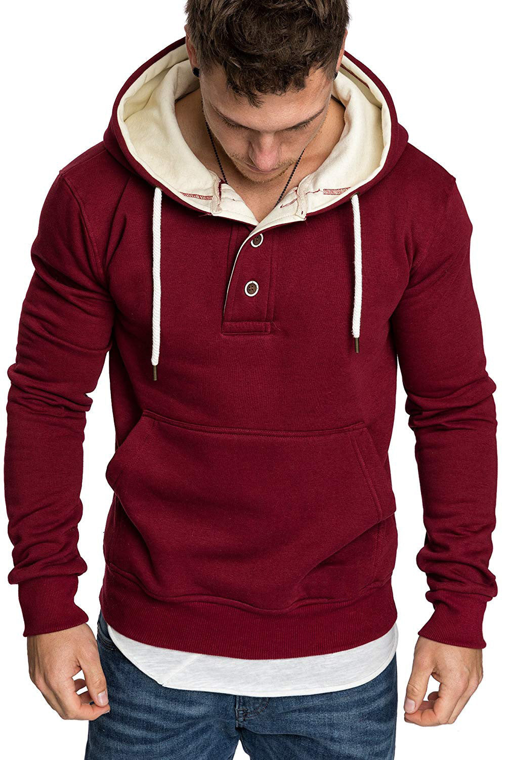 Button-trimmed hooded fleece sweatshirt