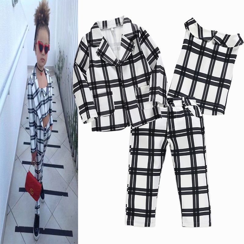 Girls' suit striped plaid suit three-piece suit