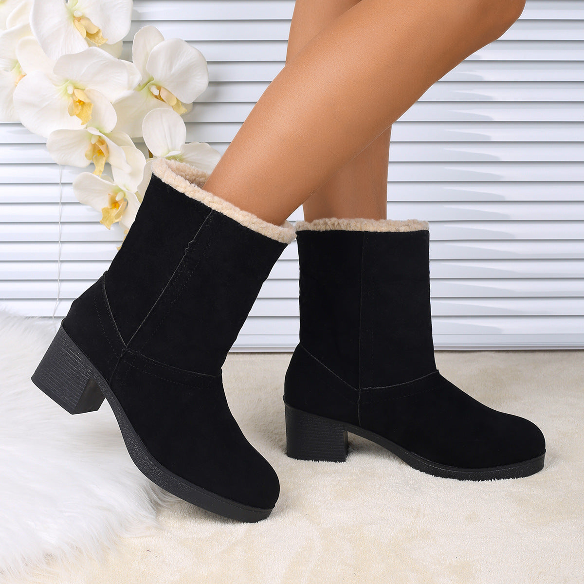 New Foldable Leopard Print Mid-calf Boots Winter Warm Fleece Thick Square Heels Boot For Women Fashion Round-toed Cotton Shoes