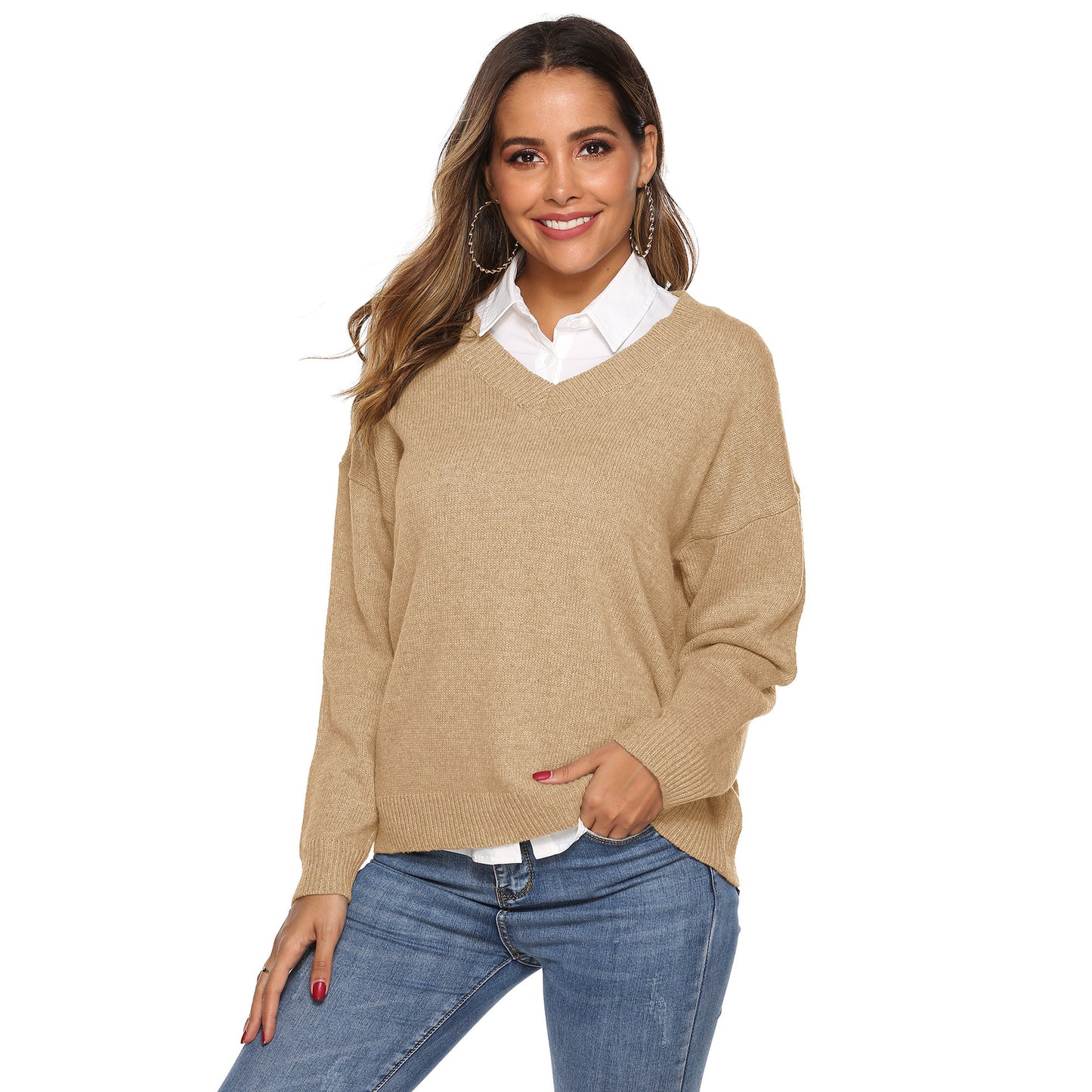 Pure color simple woven V-neck pullover sweater