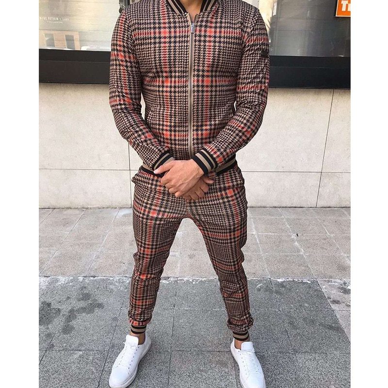 New Men's Leisure Suits Tracksuits Men Grid Two-piece Patchwork Zipper Tracksuits Small leg Trouser Sportswear New Man Sets