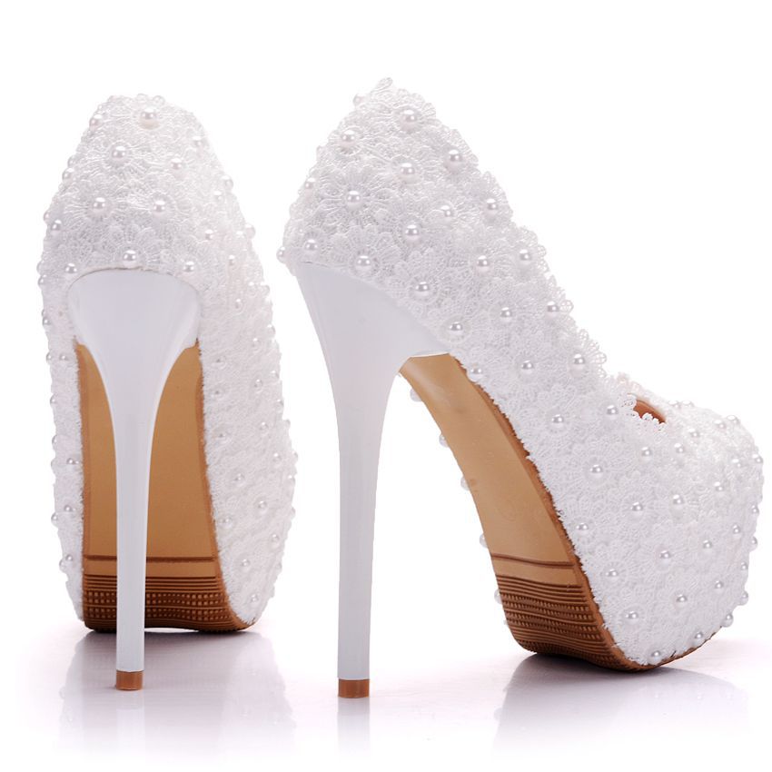 Large Size Waterproof Platform High Heel Round Toe Pearl Shoes