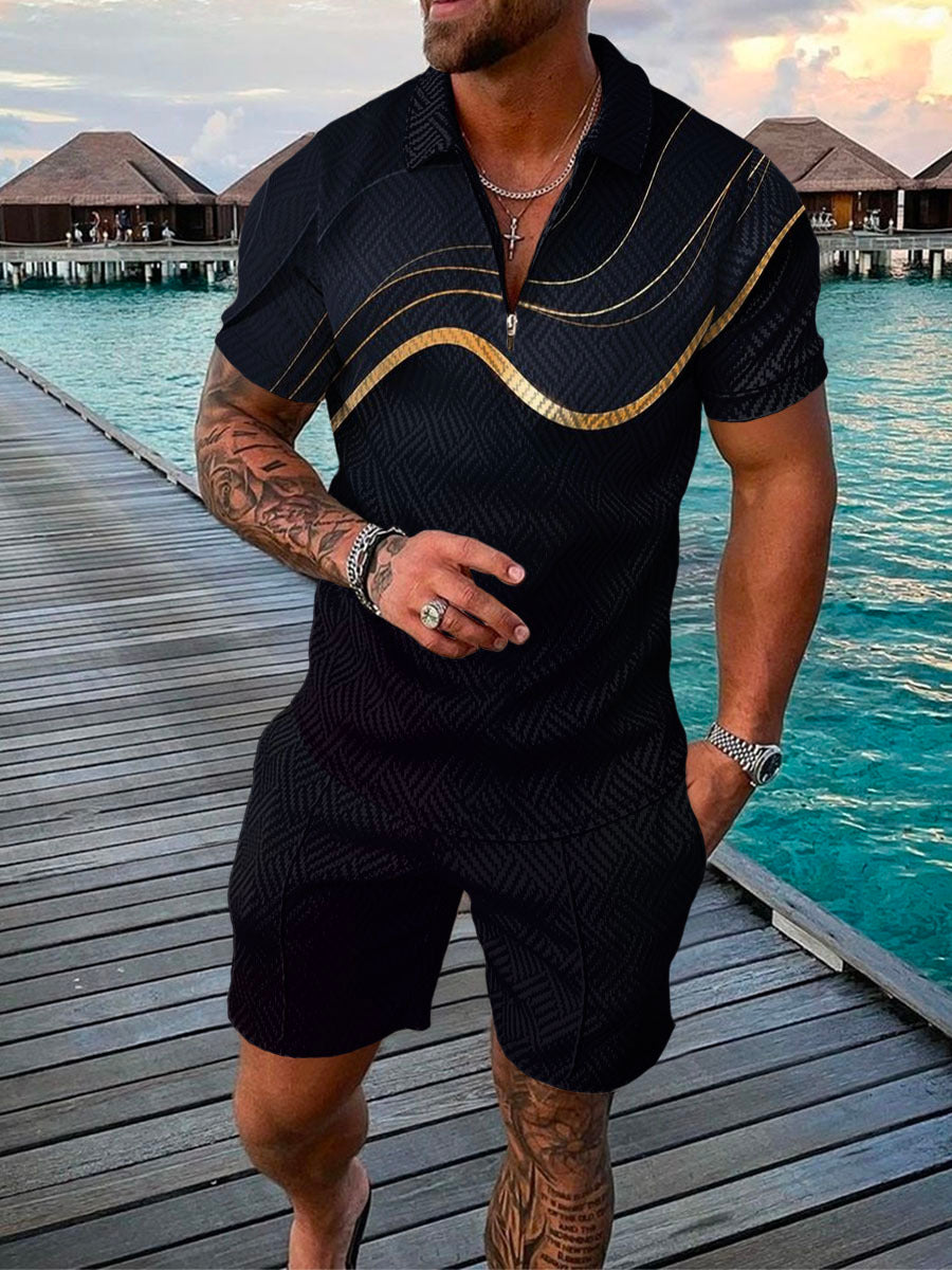 Men's Summer Fashion 3D Printed Short Sleeve Geometric Zip Lapel Shirt Set