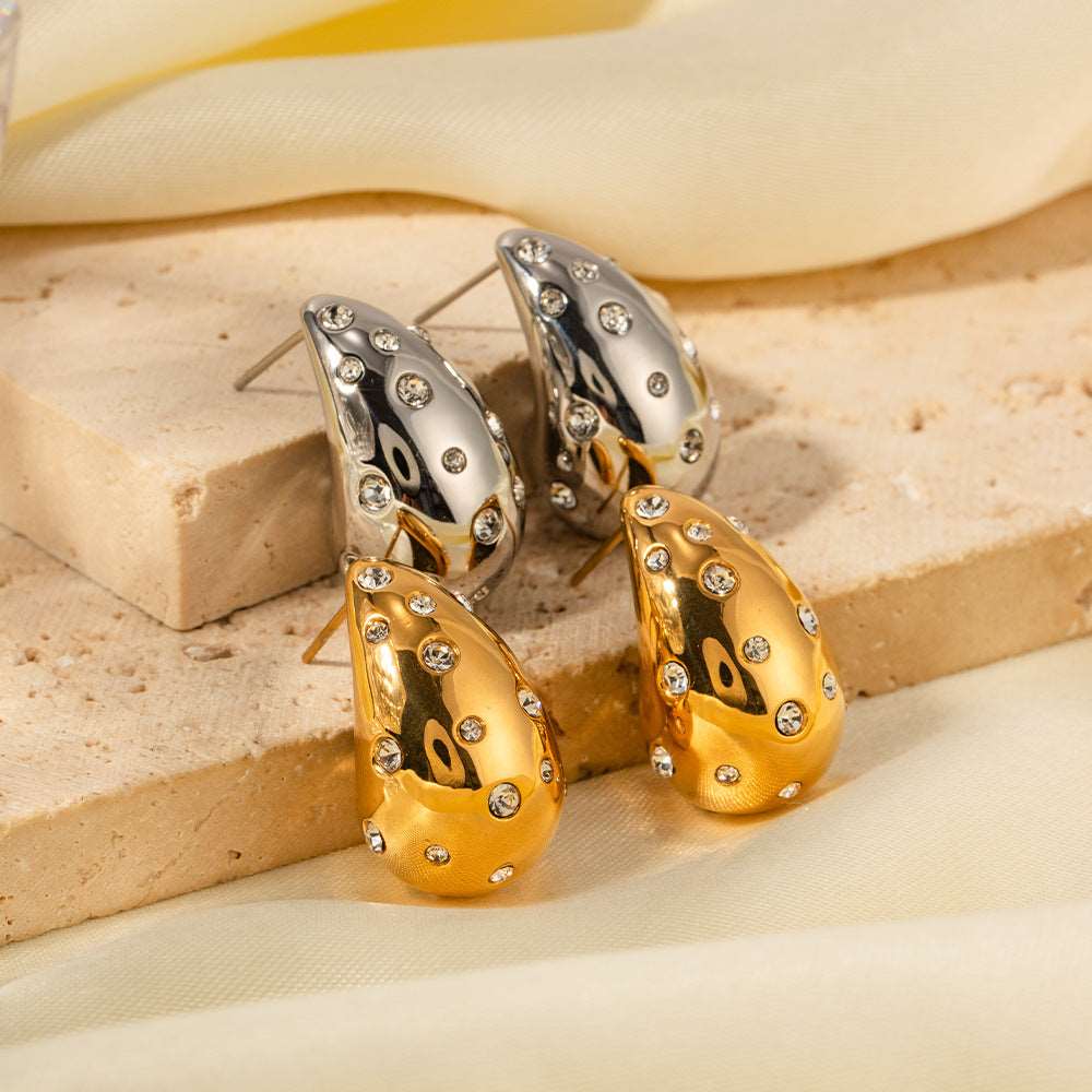 18K Gold-plated Stainless Steel Inlaid Zircon Chubby Stud Earrings INS