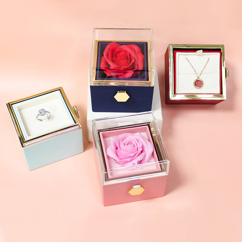 Caja de regalo giratoria con forma de rosa y flor de jabón, caja de embalaje de joyería con forma de rosa giratoria creativa, regalo del Día de San Valentín para mujer