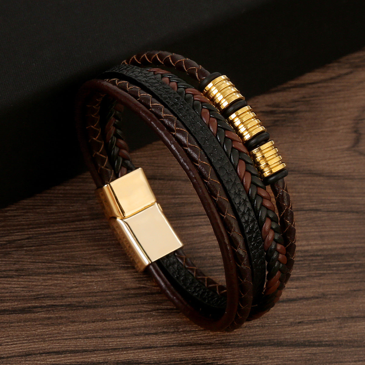 Stainless Steel Men's Leather Magnetic Buckle Woven Bracelet