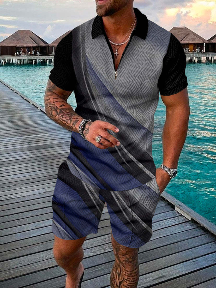 Men's Summer Fashion 3D Printed Short Sleeve Geometric Zip Lapel Shirt Set