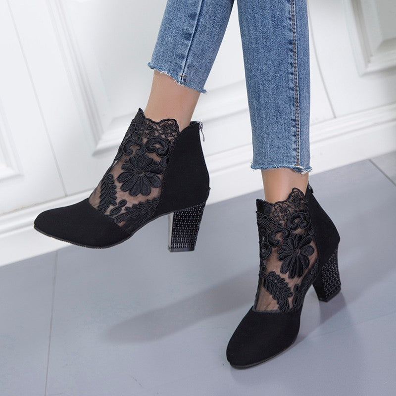 Fashion Lace Round Toe Women's Thick Heel Shoes