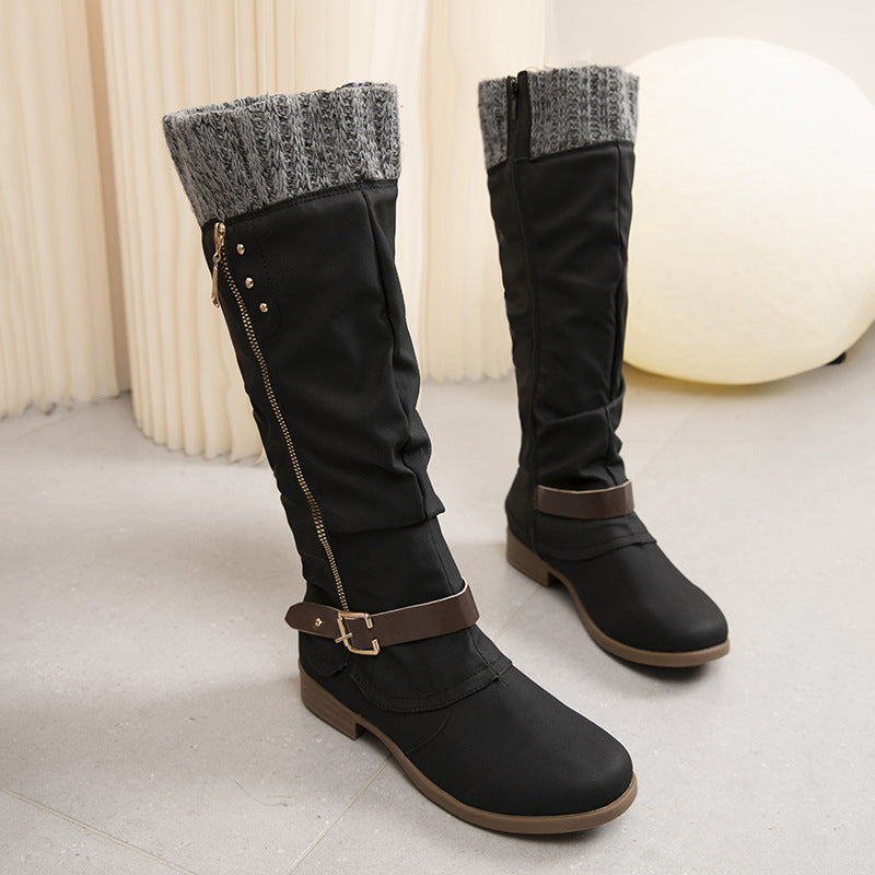 Plus Size Long Tube Women's Boots Chunky Heel Side Zip Wool Stitching