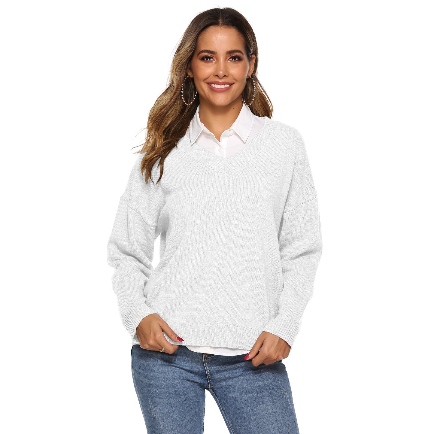 Pure color simple woven V-neck pullover sweater