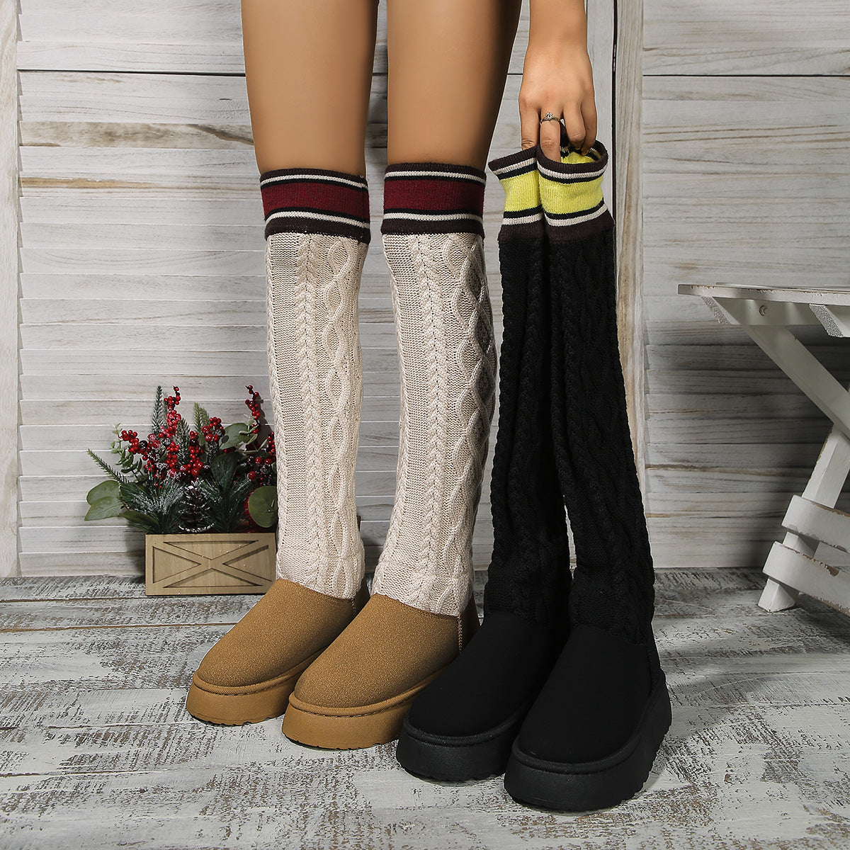 Winter Over-the-knee Boots With Long Knitted Sock Design Fashion Flat Thick-soled Shoes For Women Casual Warm Long Boot