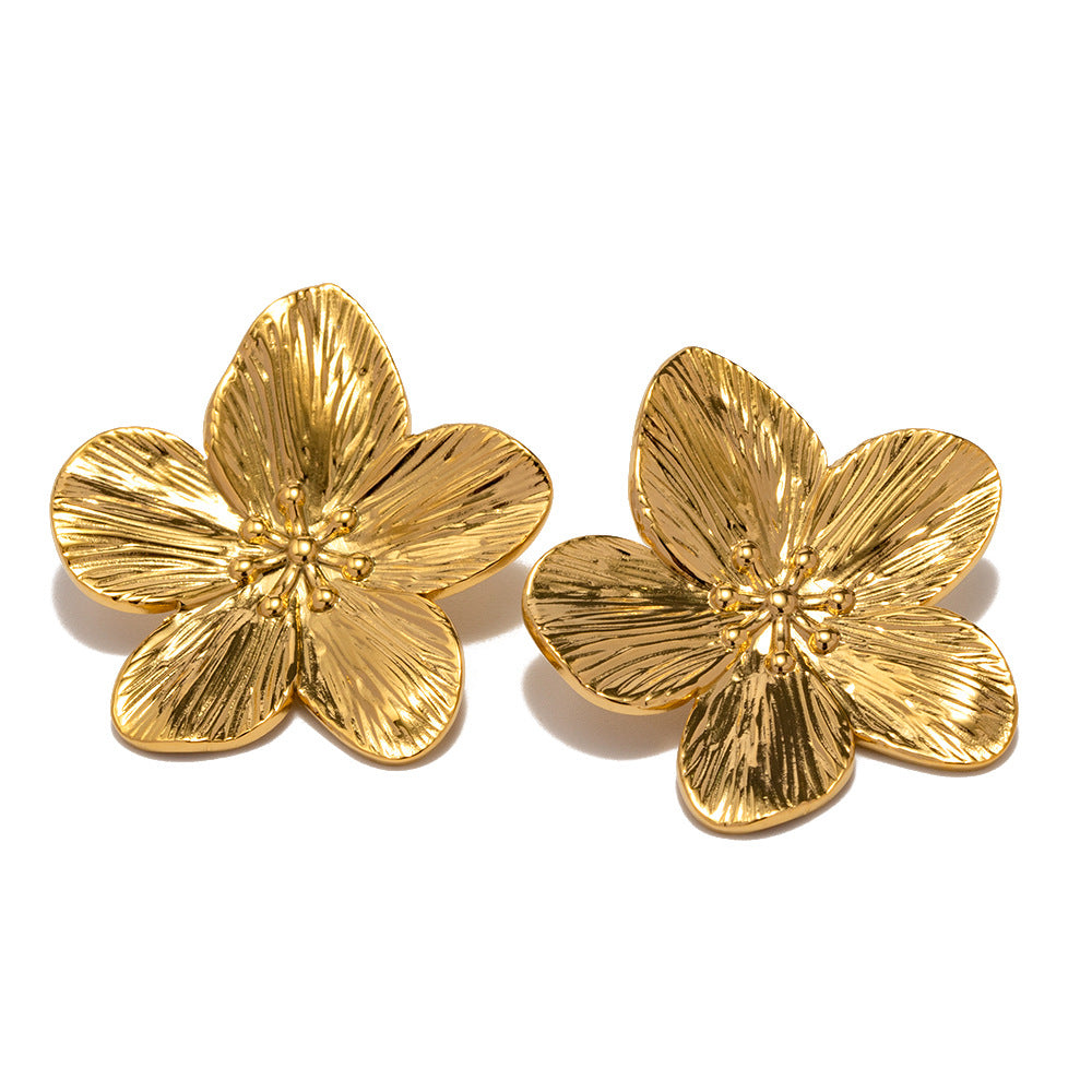 French Royal Style Dull Vintage Gold Stainless Steel Flower Metal Stud Earrings