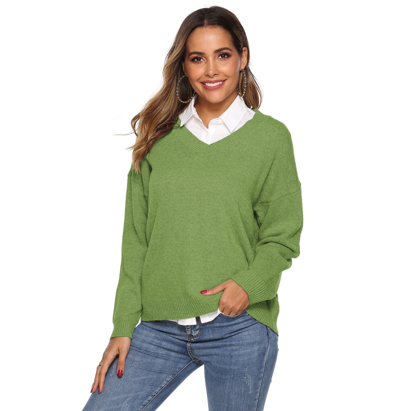 Pure color simple woven V-neck pullover sweater