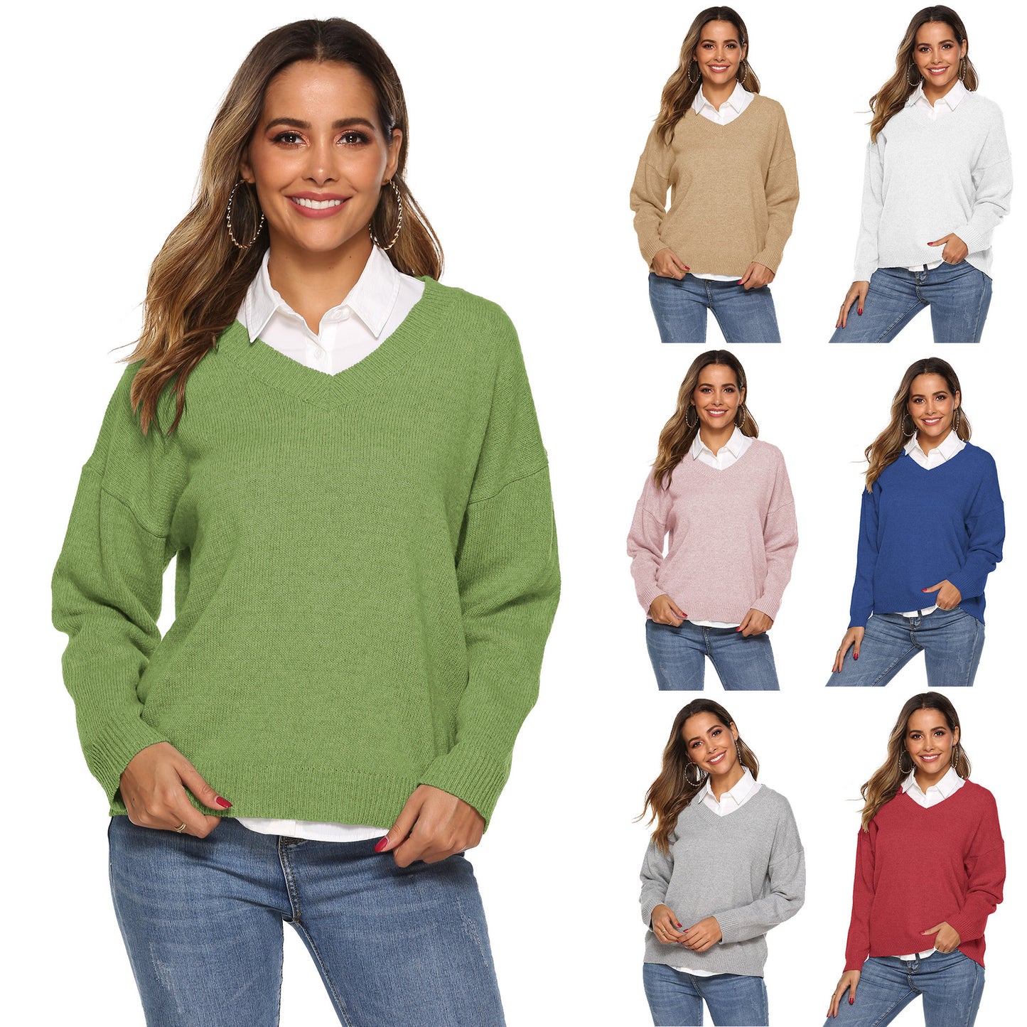 Pure color simple woven V-neck pullover sweater