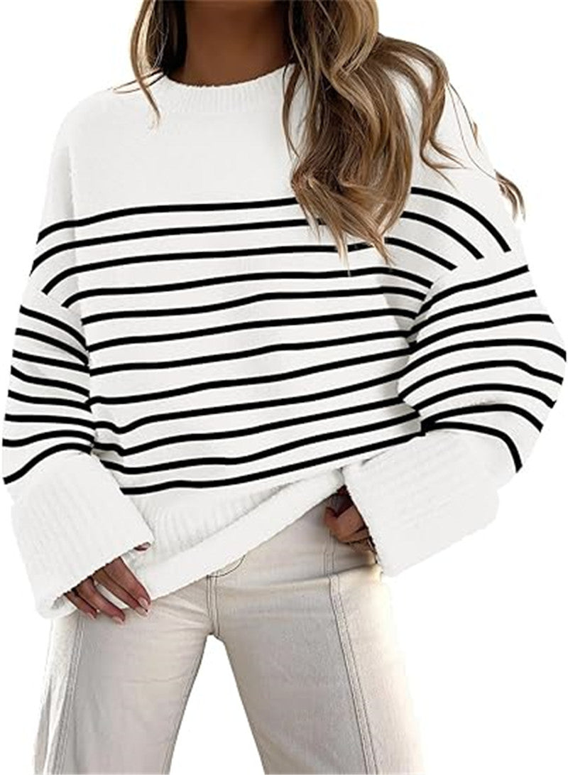 Women's Round-neck Long Sleeve Oversized Plush Knitted Thick Thermal Head Cover Striped Sweater