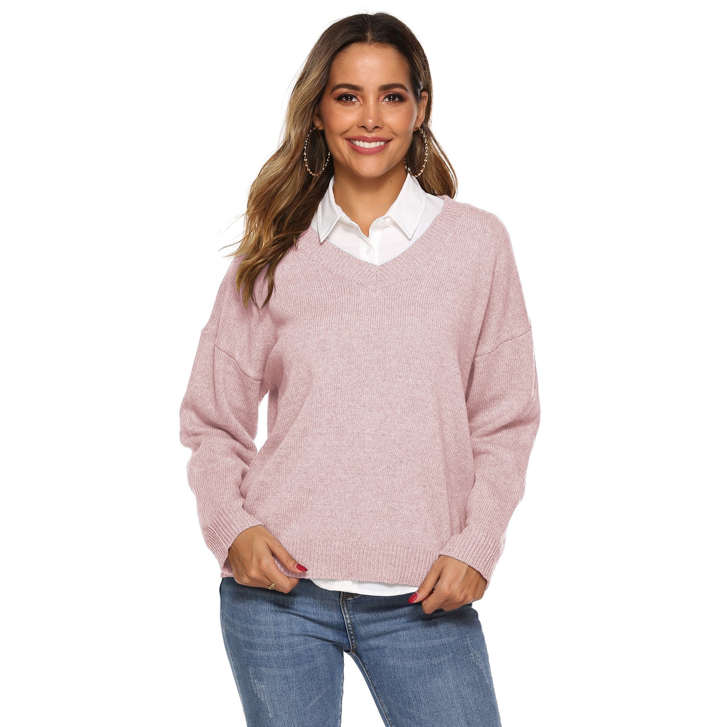 Pure color simple woven V-neck pullover sweater