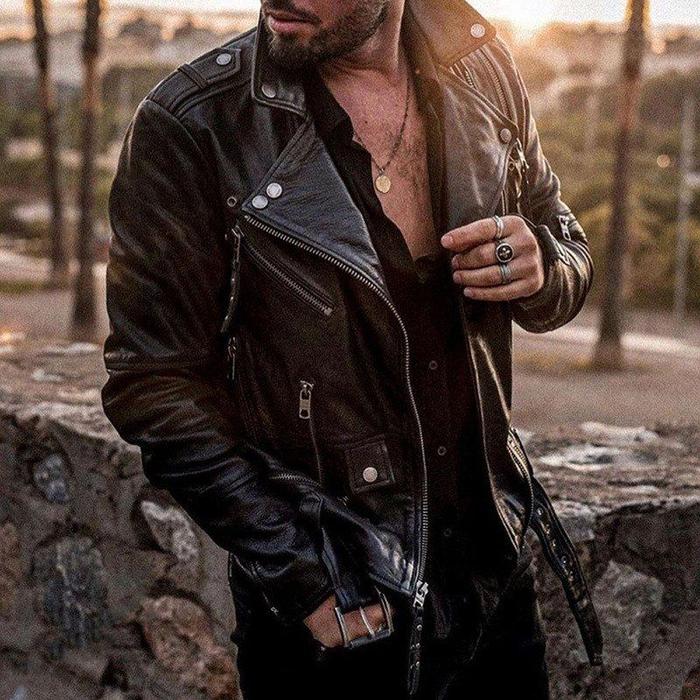 Straight hem casual zipper handsome lapel leather jacket