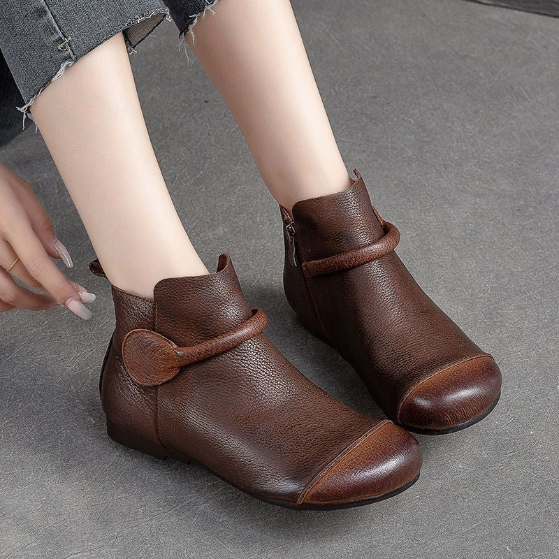 Soft Leather Retro Style Women's Boots Side Zipper Flat Round Head Simple Dr Martens Boots