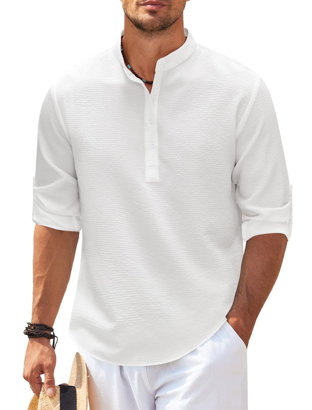 Men's Casual Shirt  Long Sleeve Stand Collar Solid Color Shirt Mens Clothing