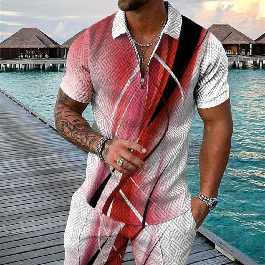 Men's Summer Fashion 3D Printed Short Sleeve Geometric Zip Lapel Shirt Set