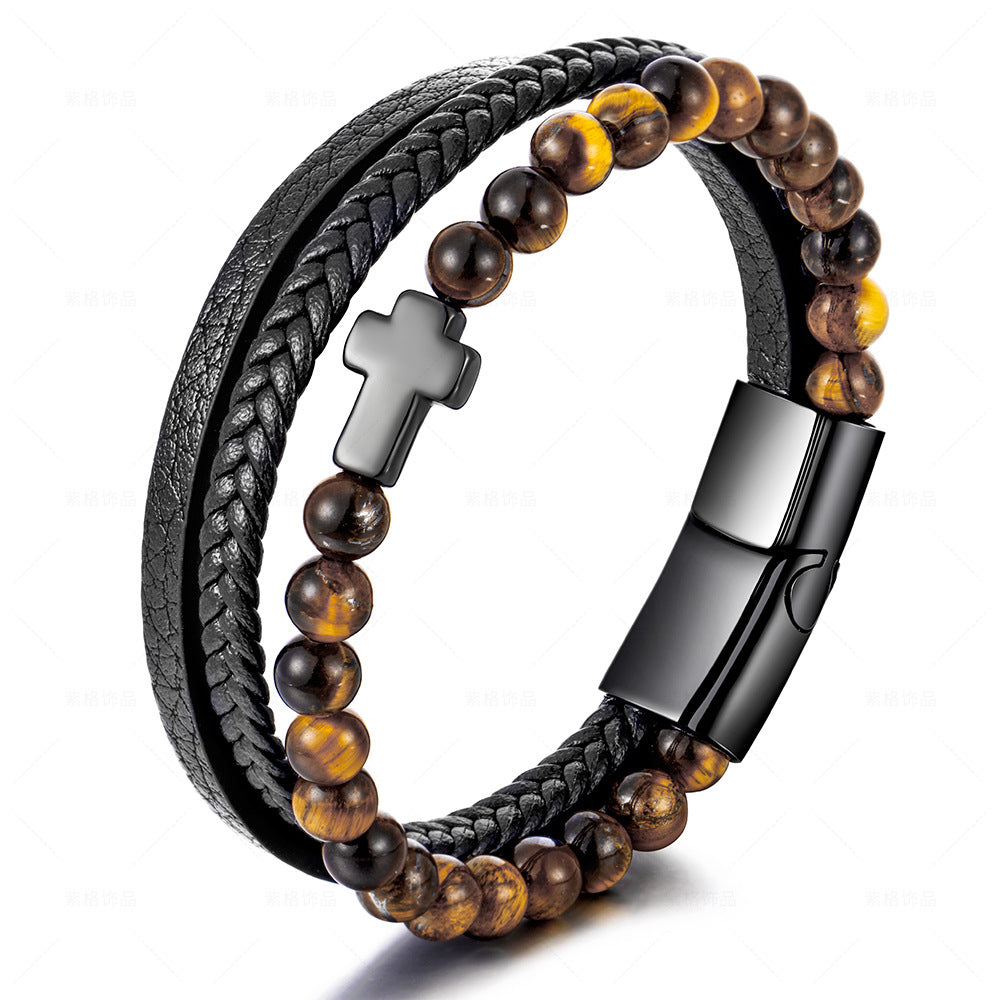 Pulsera cruzada de acero inoxidable multicapa para hombre