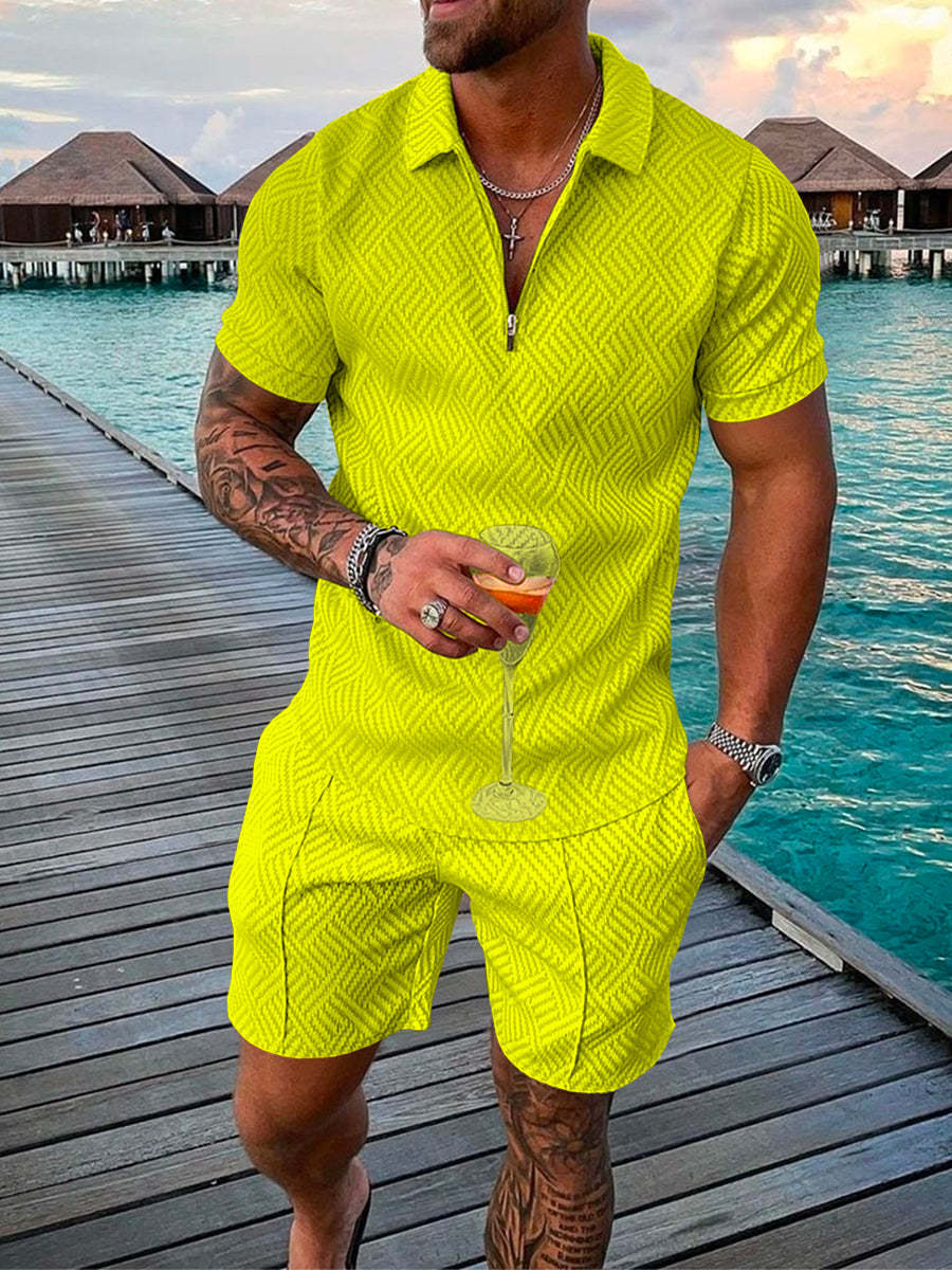 Men's Summer Fashion 3D Printed Short Sleeve Geometric Zip Lapel Shirt Set