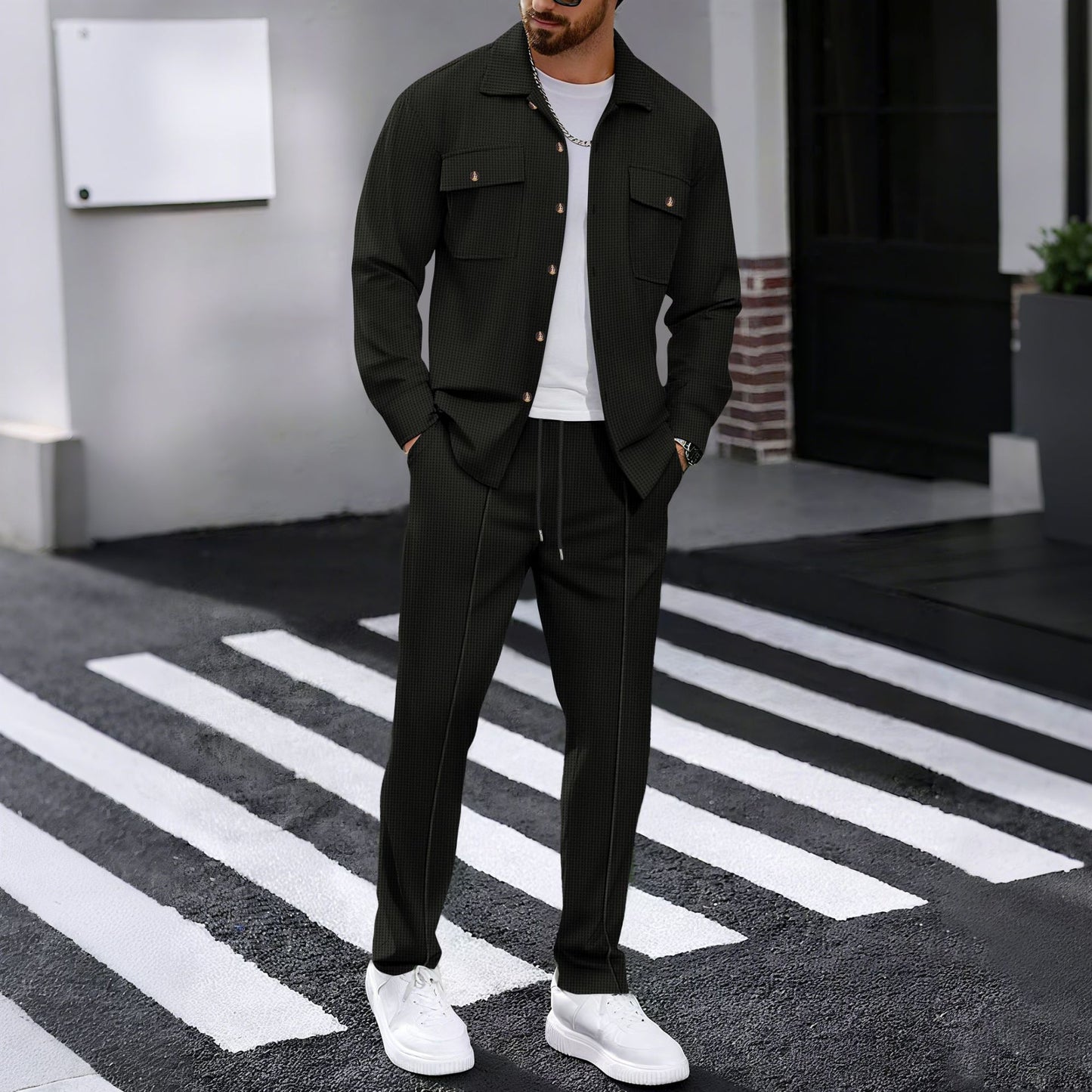 Autumn New Waffle Long-sleeved Trousers Two-piece Set Cardigan Shirt Suit
